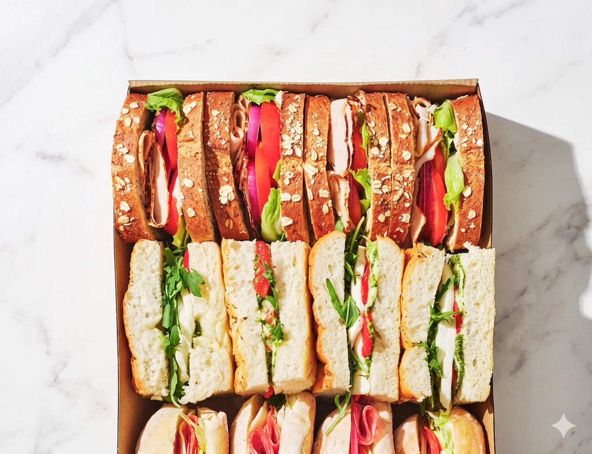 An office catering spread of platters and individually boxed meals