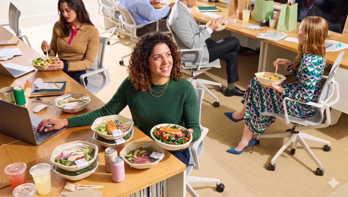 Office workers sharing restaurant meals ordered through Ordit