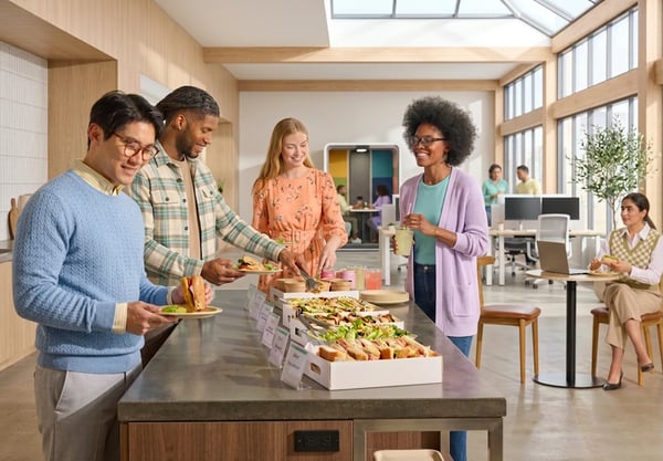 An office catering buffet of platters and boxed meals