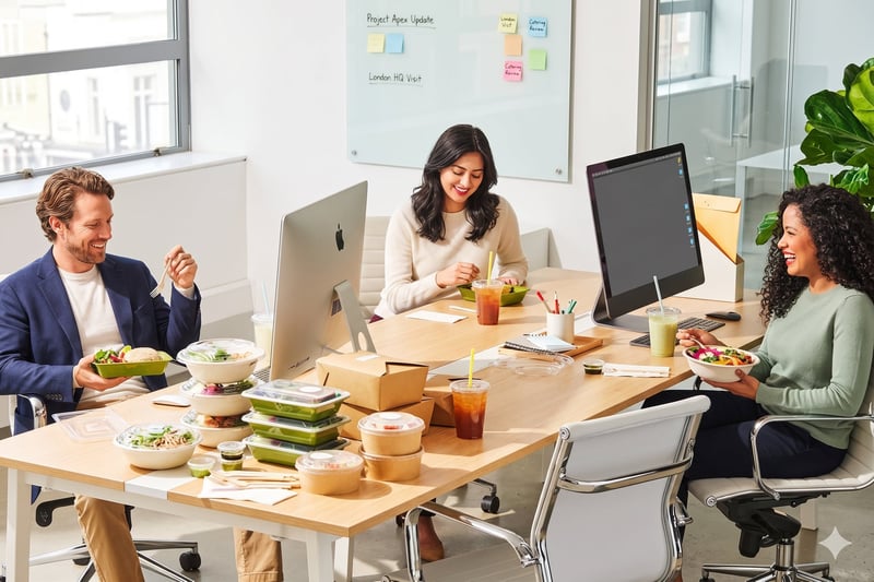 Colleagues smiling while unpacking takeout food and coffees in a modern office kitchen